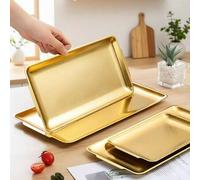 Shein 1 pieza Bandeja rectangular de acero inoxidable estilo coreano, plato de servir engrosado, plato de barbacoa dorado, plato plano, plato cuadrado, plat