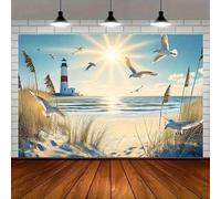 Shein 1 pieza Bandera de fiesta de poliéster con faro costero y gaviota - Decoración de pared con escena de playa vibrante, adecuada para el hogar, la habit