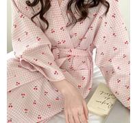 Shein 1 pieza Bata de kimono de manga larga con estampado de cuadros azules y cereza, ligera para mujer - Ropa de estar en casa minimalista y linda para pri