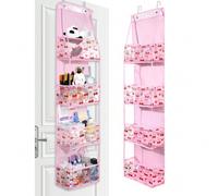 Shein 1 pieza Bolsa de almacenamiento colgante rosa, 4 estantes, bolsillos de plástico transparente, diseño oculto sobre la puerta, patrón de cereza único,