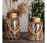 Shein 1 pieza Bolsa de malla tejida vintage creativa y jarrón de cristal transparente para decoración del hogar, arreglos florales e hidroponia, decoración