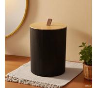 Shein 1 pieza Bote de basura de gran capacidad con tapa de bambú y diseño de rayas simples, para almacenamiento en el hogar, sala de estar o baño