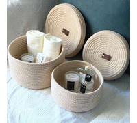 Shein 1 pieza Caja de almacenamiento de cuerda, contenedor con cubierta tejida para el escritorio, papelera multiusos redonda de yute amarilla para juguetes