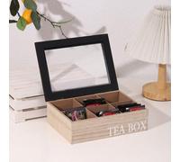 Shein 1 pieza Caja de almacenamiento de madera con 6 compartimentos para bolsas de té y café, organizador multifuncional con tapa transparente, ideal para v