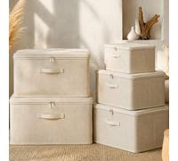 Shein 1 pieza Caja de almacenamiento plegable con cremallera y asas, caja de tela cuadrada plegable de color beige para organización de armarios, ropa, jugu