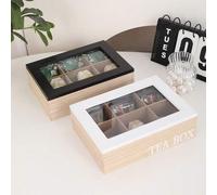 Shein 1 pieza Caja de madera para hojas de té con tapa en blanco y negro, contenedor de almacenamiento minimalista de madera para bolsas de té/café, caja de