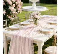 Shein 1 pieza Camino de mesa con decoración de perlas falsas rosas, mantel de gasa, tamaño 75*180cm, hecho a mano, decoración para fiesta de revelación de g
