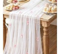 Shein 1 pieza Camino de mesa con lazo rosa, mantel de poliéster de gasa de doble cara, tamaño 75*180cm, hecho a mano, suministros para fiestas con lazo rosa