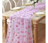 Shein 1 pieza Camino de mesa con mariposa rosa, mantel de poliéster de gasa de doble cara, tamaño 75*180cm, manualidades DIY, suministros para fiesta de mar