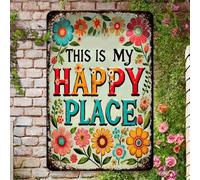 Shein 1 pieza Cartel de bienvenida de metal "Lugar feliz", decoración rústica de jardín con flores, decoración interior y exterior para todas las estaciones