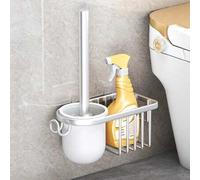 Shein 1 pieza Cepillo de baño negro/blanco con soporte, limpiador de cepillo montado en la pared del baño, herramienta de limpieza de inodoro sin manos, acc