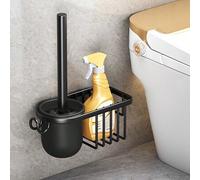 Shein 1 pieza Cepillo de baño negro/blanco con soporte, limpiador de cepillo montado en la pared del baño, herramienta de limpieza de inodoro sin manos, acc