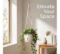 Shein 1 pieza Cesta colgante tejida para plantas con cuentas decorativas, cesta colgante decorativa para interiores/exteriores