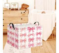 Shein 1 pieza Cesta de almacenamiento con estampado de lazo rosa, caja organizadora de tela plegable con asa, caja de almacenamiento con lazo de acuarela li