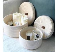 Shein 1 pieza Cesta de almacenamiento de cuerda de yute con tapa, caja organizadora tejida redonda para juguetes, cosméticos, regalo del Día de San Valentín