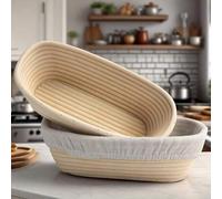 Shein 1 pieza Cesta de fermentación de pan de ratán redonda/ovalada con forro, cesta para hornear pan de masa madre, herramienta de cocina multifuncional, d