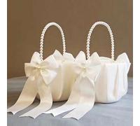 Shein 1 pieza Cesta de flores moderna con asa de perla blanca y lazo de cinta de satén, plegable, decoración para bodas y Día de San Valentín, accesorio mul