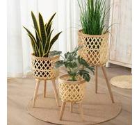 Shein 1 pieza Cesta de flores tejida estilo nórdico ins para decoración de sala de estar, maceta de bambú y ratán para balcón, soporte de flores de mimbre