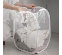 Shein 1 pieza Cesta de lavandería plegable blanca con asa y bolsillo lateral de gran capacidad - Cesta de lavandería plegable de malla para almacenamiento d