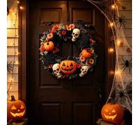 Shein 1 pieza Corona de acrílico con calabaza, calavera y murciélago de Halloween, decoración colgante de flores de color otoñal artificial para puerta, dec