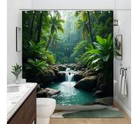 Shein 1 pieza Cortina de ducha con cascada tropical, con una cascada que fluye sobre rocas cubiertas de musgo, rodeada de palmeras y vegetación, creando un