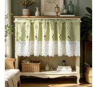 Shein 1 pieza Cortina de lino verde salvia con borla de cuentas y ribete de encaje floral para gabinete, despensa, baño, cortina corta de media ventana con