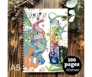 Shein 1 pieza Cuaderno de ciencia con doble hélice de ADN y matraz de laboratorio - Tamaño A5 con encuadernación en espiral, diario de bioquímica, páginas d