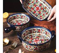 Shein 1 pieza Cuenco de cerámica pintado a mano, cuenco de horneado colorido, con asa, ensalada barbacoa, sartén de arroz horneado con queso, juego de utens