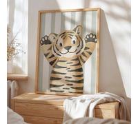 Shein 1 pieza de arte de pared en lienzo enmarcado, decoración de pared de guardería con tigre lindo, diseño divertido de tigre jugando al escondite con fon
