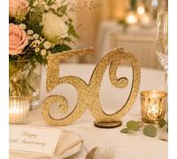 Shein 1 pieza Decoración de número de madera con purpurina dorada para el 50 aniversario, decoración de mesa de madera, centro de mesa, adecuado para aniver