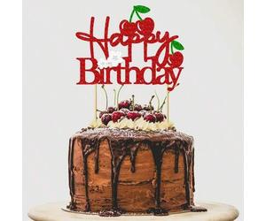 Shein 1 pieza Decoración de tarta de cumpleaños con cereza feliz, decoración de tarta con fruta dulce, decoración de tarta con corazón de cereza con brillo