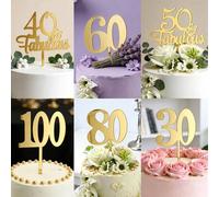 Shein 1 pieza Decoración de tarta de cumpleaños con número de acrílico dorado, para 10/18/30/40/50/60/70/80/100 años, decoraciones fabulosas para fiestas de