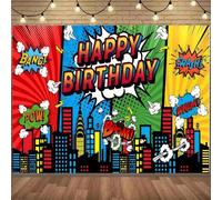 Shein 1 pieza Decorado fotográfico con paisaje de ciudad de superhéroes, escenario de estilo de cómics estadounidense para fiesta de cumpleaños, bandera de