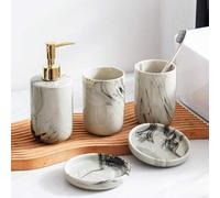 Shein 1 pieza Dispensador de baño y cocina de cerámica con textura de mármol redondo y cónico, botella con bomba, jabonera, soporte para cepillo de dientes,