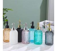 Shein 1 pieza Dispensador de jabón de vidrio de 350ml con cabezal de bomba de acero inoxidable resistente a la oxidación, diseño de rayas verticales, dispen