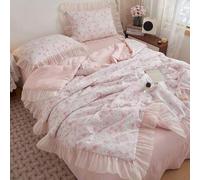 Shein 1 pieza Edredón de verano de gasa de volantes con estampado floral rosa, manta de verano ligera y suave, transpirable, adecuada para el hogar, dormito