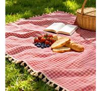 Shein 1 pieza Encantadora manta rectangular de cuadros rojos y blancos para picnic - Ideal para el Día de San Valentín, celebraciones de Pascua, mantel de r