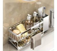 Shein 1 pieza Escurridor de acero inoxidable con bandeja de goteo - Organizador de cocina resistente a la oxidación para esponja, dispensador de jabón y pañ