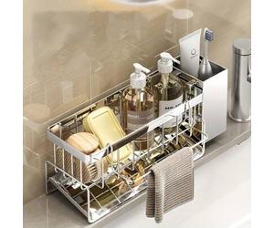 Shein 1 pieza Escurridor de acero inoxidable con bandeja de goteo - Organizador de cocina resistente a la oxidación para esponja, dispensador de jabón y pañ