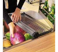 Shein 1 pieza Escurridor sobre el fregadero, escurridor enrollable para platos de acero inoxidable, escurridor plegable multifuncional para tazones, platos,
