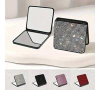 Shein 1 pieza Espejo de maquillaje cuadrado decorado con rhinestones, nuevo espejo compacto de lujo con diamantes brillantes plegable de doble cara, adecuad