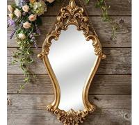 Shein 1 pieza Espejo de pared decorativo con patrón floral clásico 3D vintage europeo dorado, espejo de tocador montado en la pared de material de resina pi