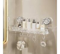 Shein 1 pieza Estante de baño rectangular con ventosa, organizador de baño transparente montado en la pared sin taladro, gran capacidad con ganchos, drenaje
