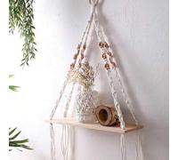 Shein 1 pieza Estantería colgante de pared de macramé estilo bohemio, estante de cuerda de madera clara con decoración de flecos, colgador de plantas rústic