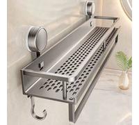 Shein 1 pieza Estantería de baño con ventosa, ganchos y barra para toallas, cesta de ducha montada en la pared y desmontable, estante de almacenamiento adhe