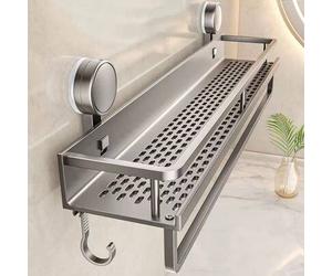 Shein 1 pieza Estantería de baño con ventosa, ganchos y barra para toallas, cesta de ducha montada en la pared y desmontable, estante de almacenamiento adhe