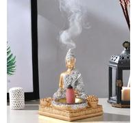 Shein 1 pieza Estatua de Buda sentado hecha de resina, decoración del hogar, gabinete de TV, ornamento de mesa de entrada (taza de hierro no incluida)