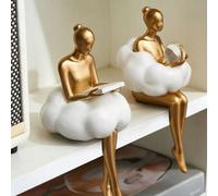 Shein 1 pieza Estatua de resina moderna en oro & blanco - Escultura elegante de dama con bola de cristal de nube | Decoración para sala de estar, dormitorio