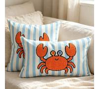 Shein 1 pieza Funda de cojín a rayas con bordado de cangrejo, cojín para silla de playa/sofá al aire libre, cojín decorativo para casa de playa, decoración
