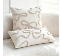 Shein 1 pieza Funda de cojín de chenilla beige acogedora con lazo 45x45cm / 30x50cm, funda de cojín con lazo bohemio acolchado para sofá, cama, sala de esta